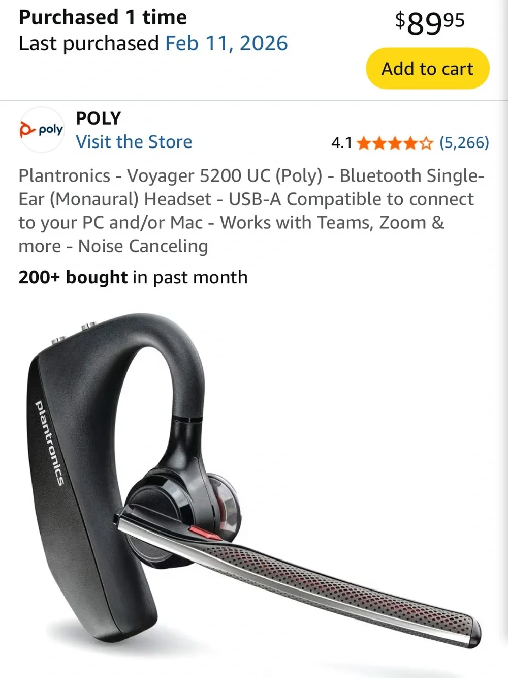 POL Voyager 5200 Mono Bluetooth Headset in Black with Red Trim